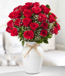 Red Roses in White Vase