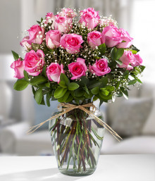 Three Dozen Pink Roses in a Glass Vase