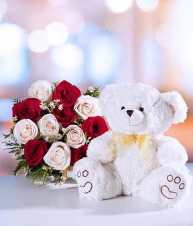 Christmas Roses and Bear