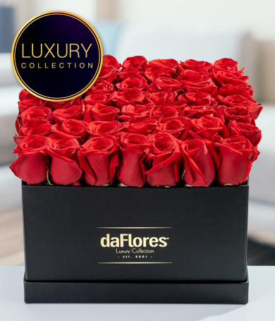 Red Roses in Black Hatbox