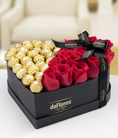 Red Roses with Ferrero in Heart Box