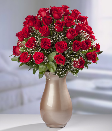 Red Roses in Gold Vase