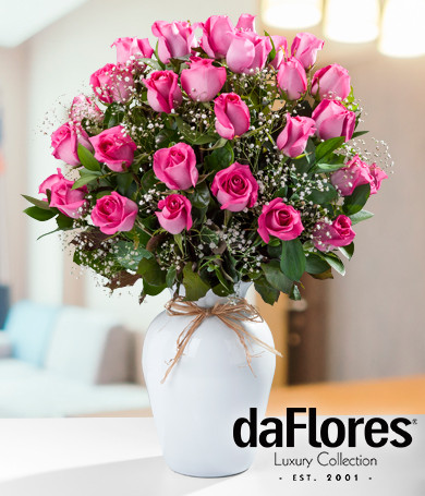 Pink Roses in White Vase