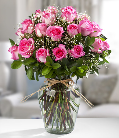 Three Dozen Pink Roses in a Glass Vase