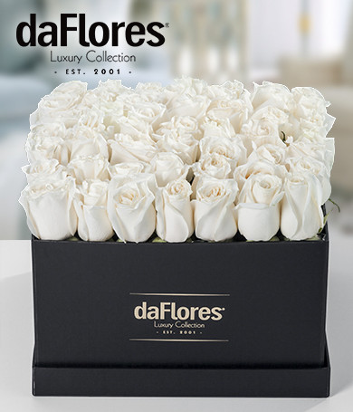 48 White Roses in a Black Hatbox 