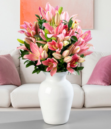 Pink Lilies in White Vase